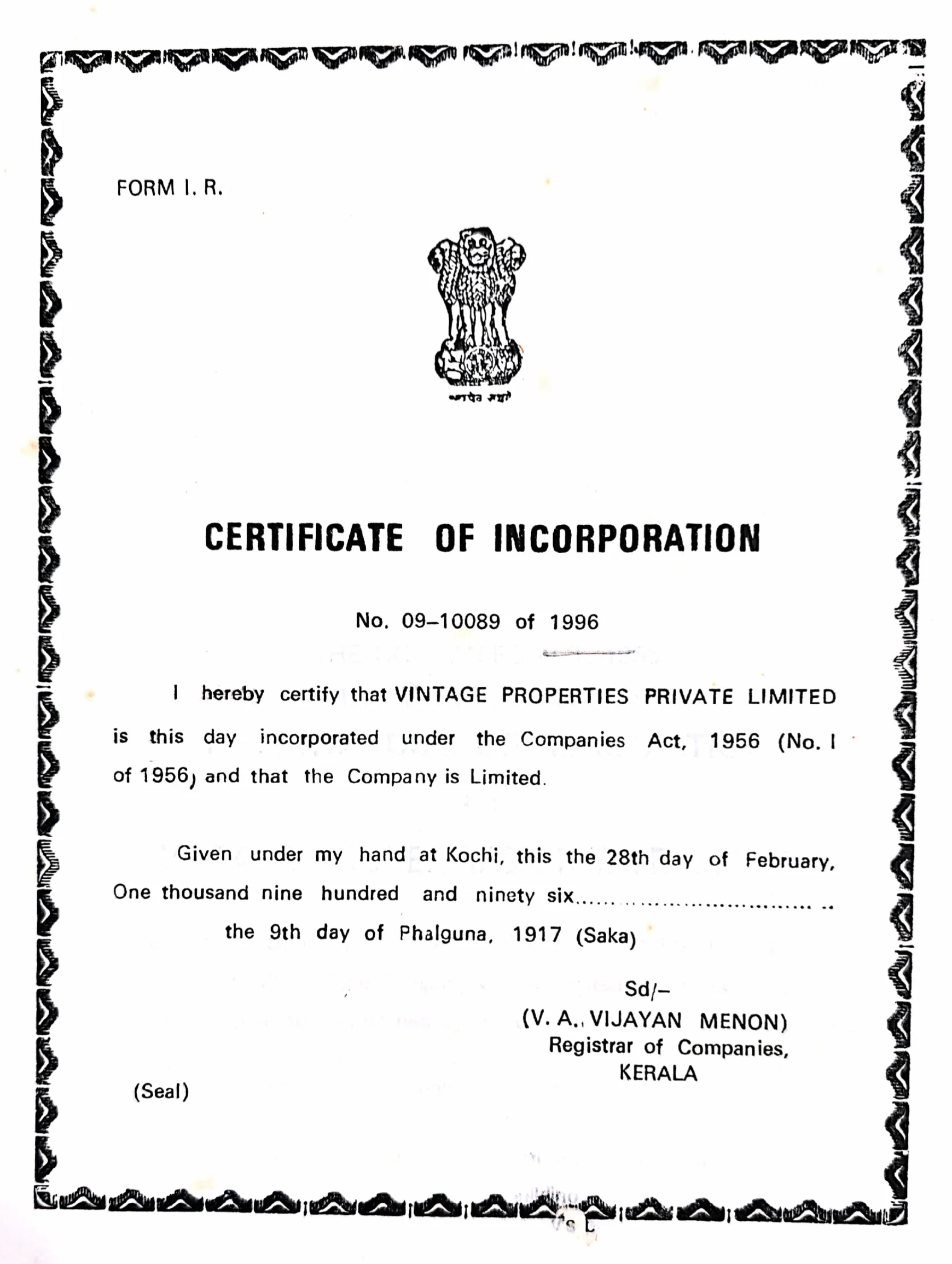 Certificate of Incorporation – Vintage Properties Pvt. Ltd. (1996)