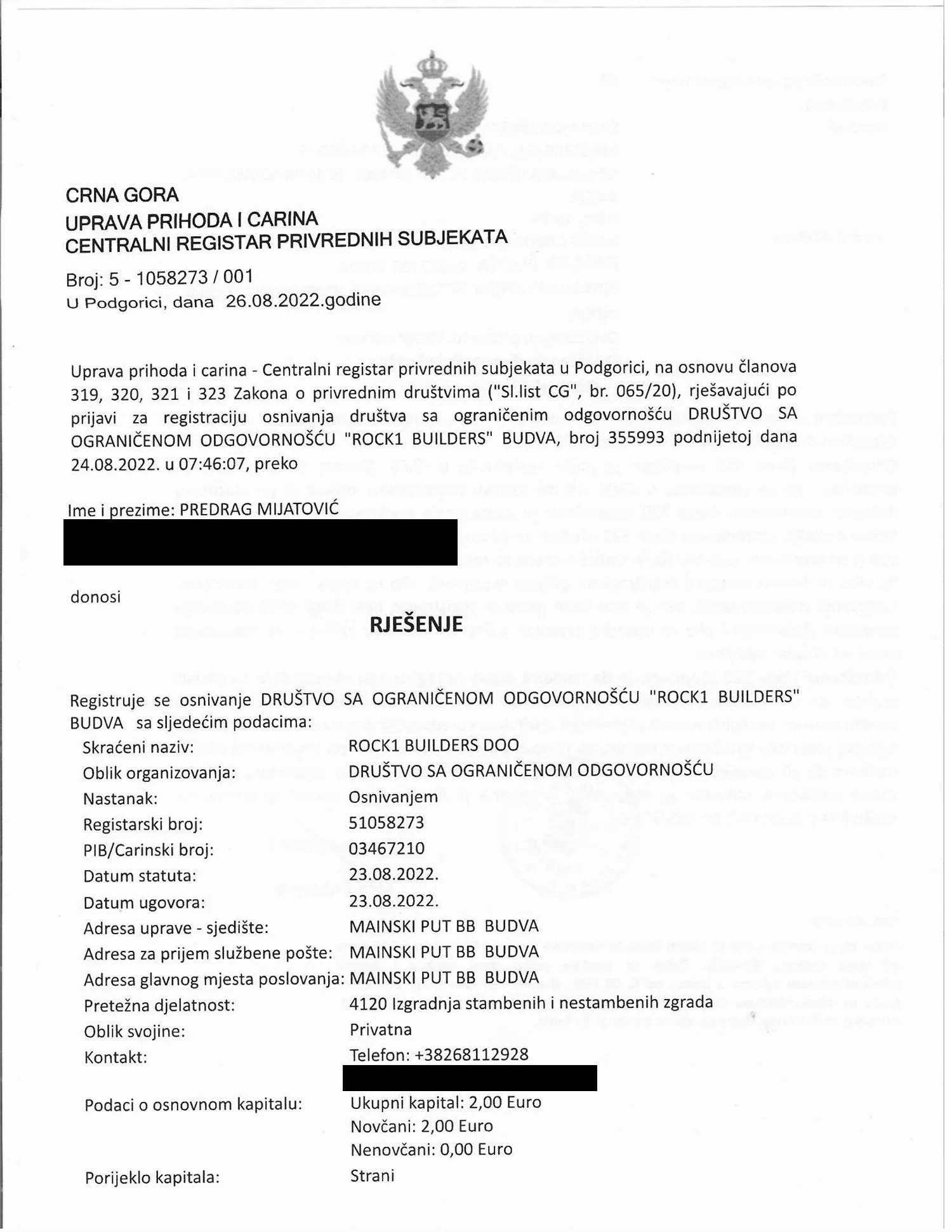 Company registration, Rock1 Builders D.O.O., Central Register of Business Entities