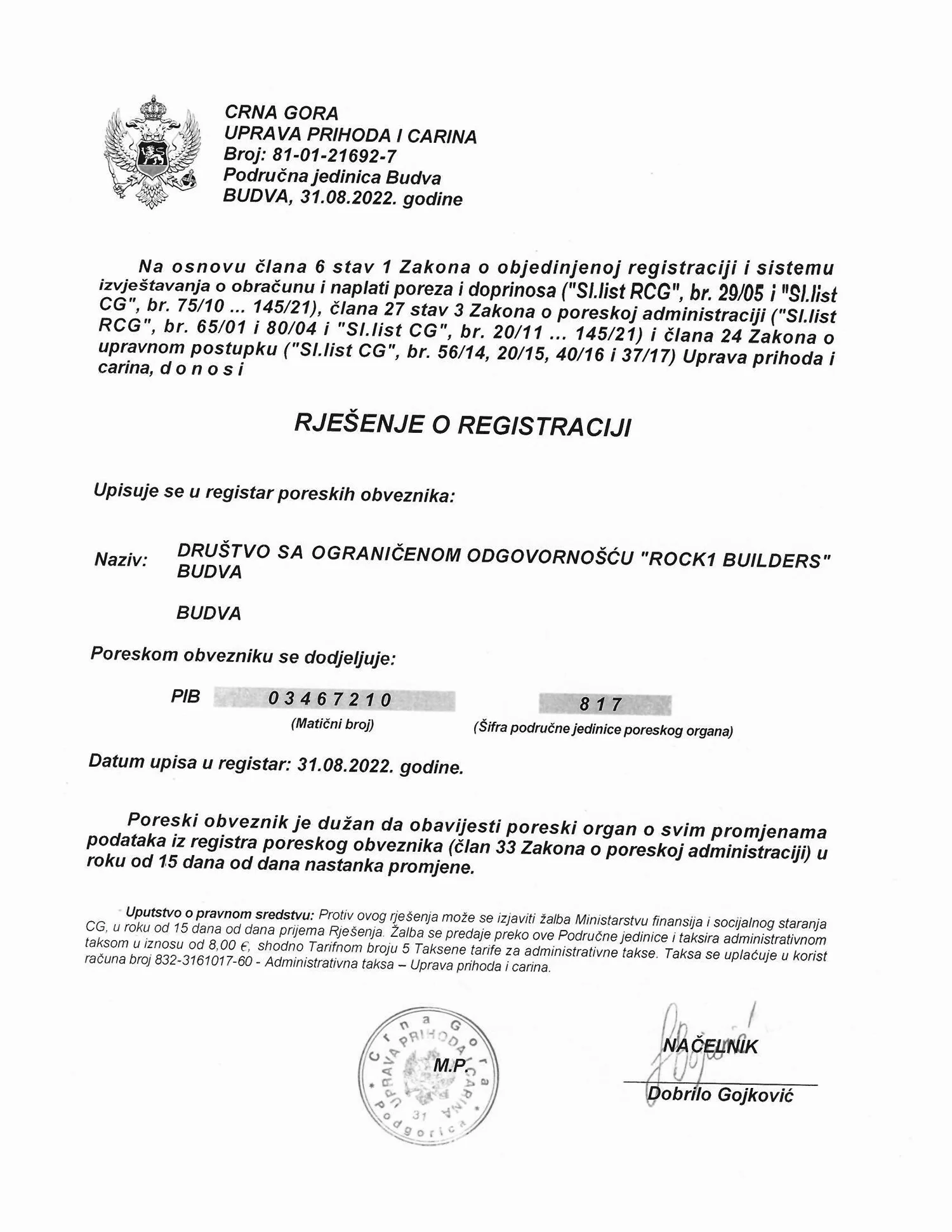 Tax registration (PIB), Revenue and Customs Administration, Budva